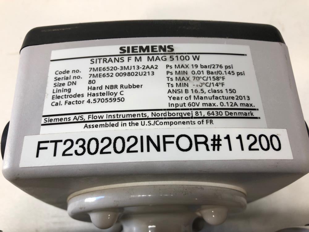 Siemens Sitrans FM MAG 5100 W Electromagnetic Flow Sensor 7ME652-3MJ13-2AA2